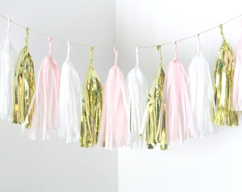 Gold, Blush Pink, White Tassel Garland - Nursery Decor, Valentines Day Party, high chair banner, Baby Shower Decorations