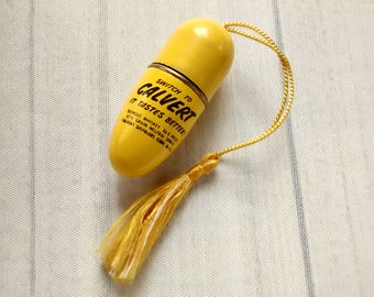 Vintage Calvert Whiskey Sewing Kit, Yellow Bullet Shape 2", Made Germany US Zone, 1950s Breweriana Advertising Collectible Travel Sewing Kit