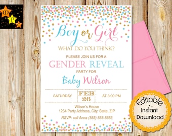 Gender Reveal Invitation, Boy or Girl, He or She, Party, Confetti, Blue and Pink, INSTANT download, EDITABLE in Adobe Reader, Printable, DIY