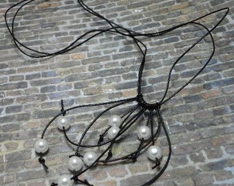 Pearls and Black Leather Necklace