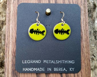 Fish bone earrings, enameled copper