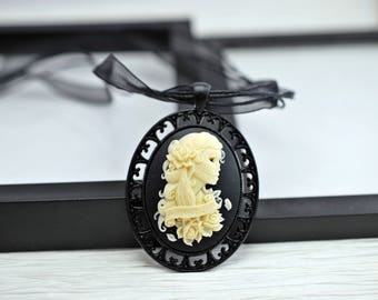 Gothic Cameo Necklace, Black Cameo Necklace, Black Necklace, Gothic Necklace, Cameo Jewelry, Gothic Jewelry, Lolita, Skeleton, Forever Love
