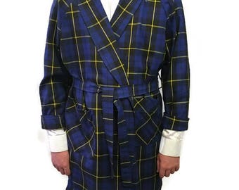 60s Men's Robe, Belted Blue Robe, Belted Dressing Gown, Blue Plaid Robe, 1960s Tartan Robe, Blue Green Yellow, Short Robe