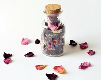 Glass bottle with rose petals and lavender buds natural dried flowers home decor rose petals jar