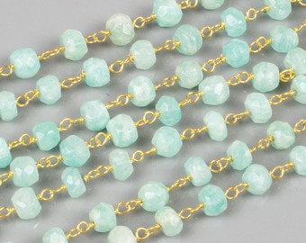 Aqua Jade Rosary Chain, Gold Plated Wire Wrapped Rosary Chain, Aqua Jade Gold Rosary Chain, 4 mm, Sold By Foot (JAD-0193)