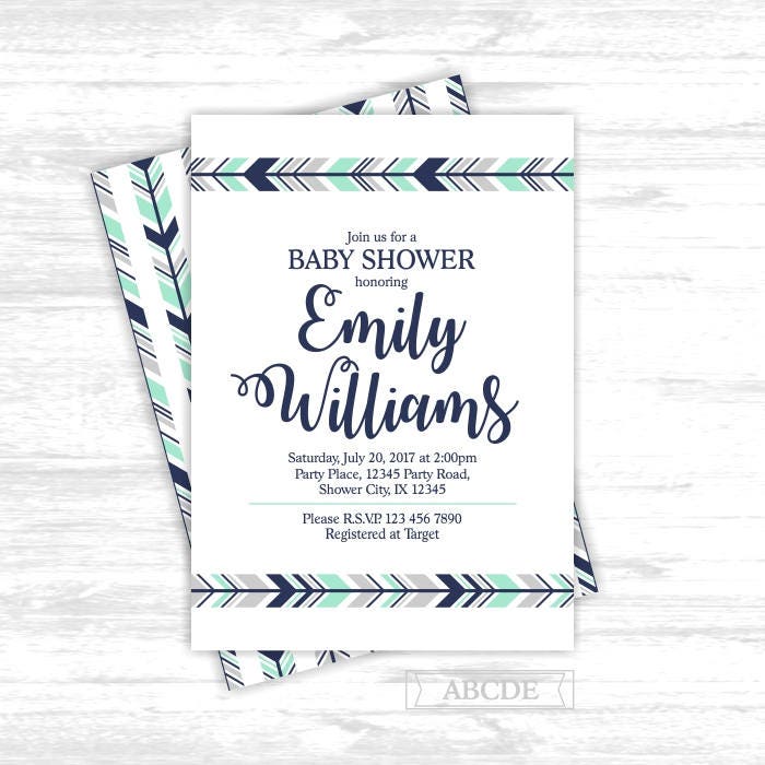 Tribal Arrows Boy Baby Shower printable invitation Mint Grey