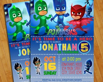 PJ Masks Invitations - PJ Masks Birthday Party Invitation - Digital File - Printable - Amaya/Owlette - Connor/Catboy - Greg/Gekko