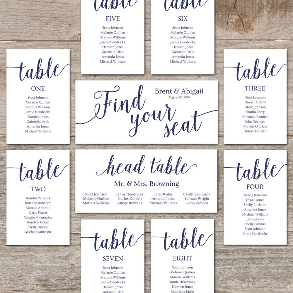 Navy Seating Chart Template Wedding Seating Chart Cards