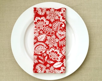Flower Motif Fabric Napkins - Fabric Dinner Napkins - Red and White Dinner Napkins - Set of 2