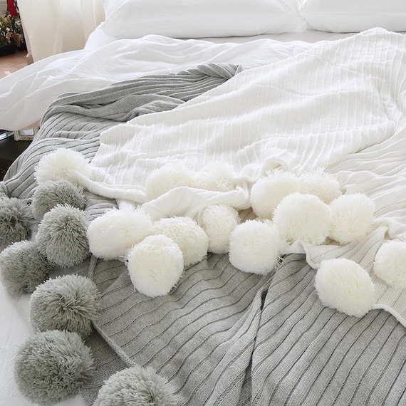 Pom Pom White Throw Blanket Off White Sofa Throw Off White