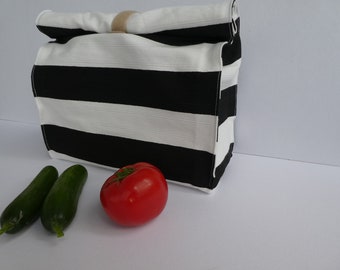 Reusable lunch bag, Adult lunch tote, Lunch box, Striped white and black, Food bag, Waterproof bag, water resistant organizer, kitchen ideas