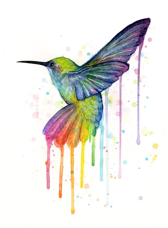 Hummingbird Art Print Rainbow Watercolor Animal Painting