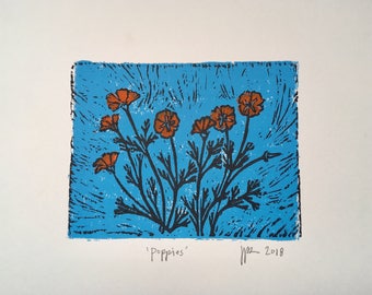 Poppies. Hand Pressed Linoleum Print by Jenn Rawling