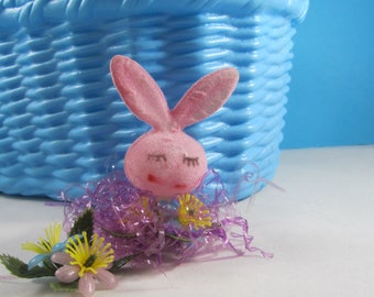Bunny Head Flocked Easter Decoration Vintage Pink Girl Bunny with Faux Flowers Kitschy Novelty Craft Supplies