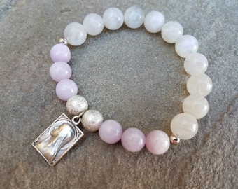 Our Lady of Lourdes Vintage Catholic Bracelet/Girl Confirmation Gift/Bride Gift/Godmother Gift/Kunzite & Moonstone Bracelet w/Silver Medal