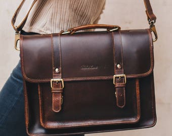 Leather Satchel messenger bag laptop briefcase iPad Messenger for men and women - Classic by Niche Lane Coffee