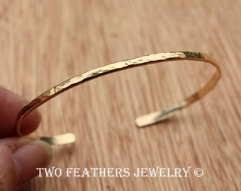 Gold Cuff Bracelet - 14K Gold Filled Cuff - Skinny Hammered Cuff - Gold Filled Bracelet - Stacking Bracelet - Minimalist - Two Feathers