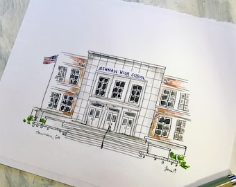 Custom school building, home, or store illustration, Archival Quality 8x10