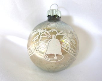 Vintage Shiny Brite Christmas Ornament, Small Silver / Blue with White Stenciled Christmas Greetings Ornament