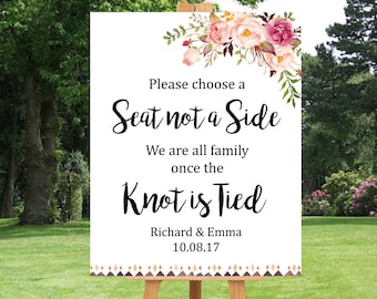 Boho Tribal Choose a Seat Not a Side Printable Sign, Personalised Pink Floral Seating Wedding Sign Boho Wedding Ceremony Sign Download 109-W