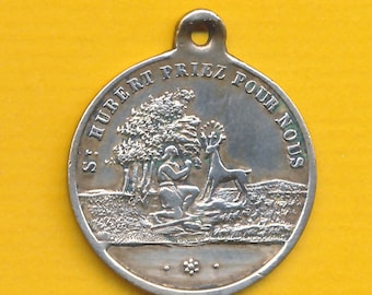 Antique brass religious medal pendant Sacred Deer and St Hubert - Holy Hubertus stag - St Roch (ref 1097)