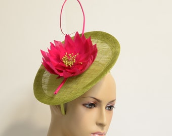 Green disc with Fuchsia flower Sinamay Fascinator, Kentucky Derby Hat, Wedding Hat, Formal Hat, Church Hat