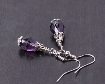 Small Gothic/Victorian Crystal & Silver Drop/Dangle Earrings-Purple/Wine Red/Black/Red