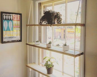 CUSTOM / Light Pine / Rope / Hardware / Minimilist / Hanging Shelf Unit