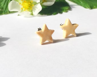 Peach yellow star porcelain and sterling silver studs, yellow celestial ceramic earrings, handmade in Wales, Britain