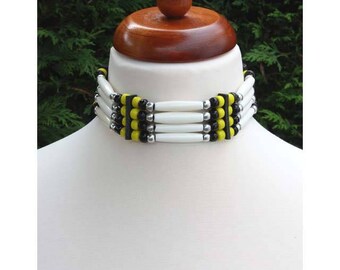 Native American style bone hair pipe choker, black & yellow necklace, navajo style indian bone choker, western tribal festival necklace gift