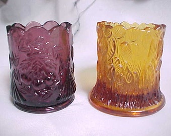 1960s L G Wright Purple Cherry Toothpick Holder & Amber Glass Tree Trunk Made in Japan Toothpick, Vanity Q Tip or Desk Top Paper Clip Holder