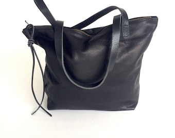 Black Leather Tote Bag with zipper. Crossbody bag. Laptop bag.