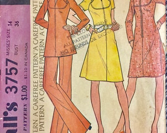Vintage 1973 Misses Dress, Tunic, Pants Sewing Pattern McCall's 3757 Size 14 Bust 36 Inches Complete