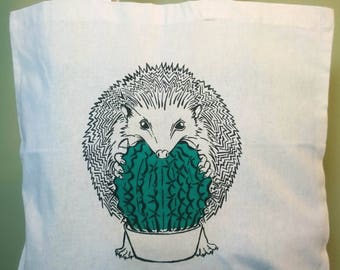 Hedgehog and Cactus - Hand Printed Tote Bag // Shoulder Bag // Shopping Bag
