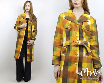 Vintage 70s Plaid Belted Trench Coat M L Fitted Trench Coat 1970s Trench Coat 1970s Plaid Coat 70s Plaid Coat 70s Coat 1970s Coat