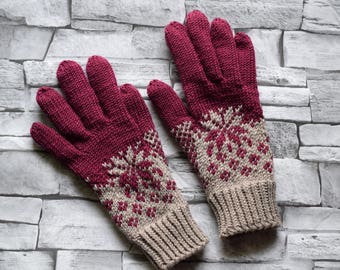 Womens wool gloves, soft wool, winter gloves, hand knit grey and marsala gloves with colorwork