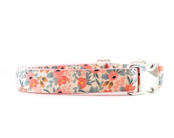 Peach Floral Dog Collar - Pink, Coral, Mint and Cream Designer Metal Buckle Dog Collar