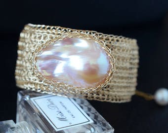 Cleopatra-Adjustable Gold Large Freshwater Baroque Pearl Bracelet-14K Gold Filled Wire Bracelet-Wire Weaved Bracelet-Gift