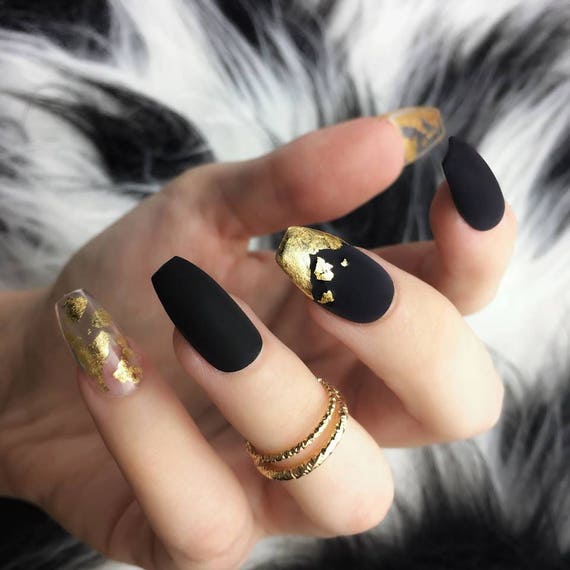 Matte Black Gold Leaf Press on Nails Gold Foil Metallic