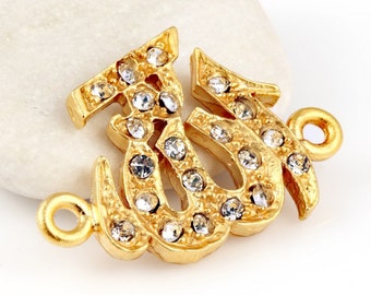 Arabic Allah / God Sideways Connector, 22k gold plated with crsytals, 1 piece // GPC-205