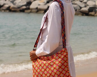 Colourful Orange Bohemian Womens Crossbody Bag Woven Hobo bag Shoulder bag Hippie Bag Summer bag Beach bag Vegan bag Hobo Bag