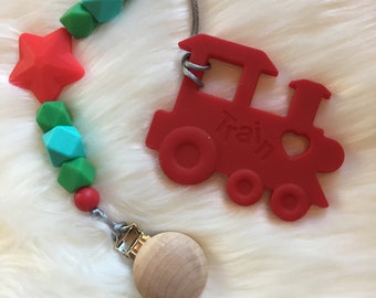 Red Train Teether and Pacifier Clip- Item 95