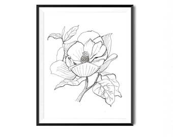 Magnolia Print, Flower Art, Botanical Illustration, Wall Art, Pen Ink Print, Floral Art, Botanical Print, Black White Flower Print, Flora