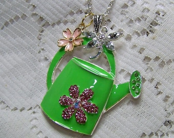 Necklace Gift for Gardener, Cottage Chic Watering Can with Flower & Dragonfly, Watering Can Necklace, Gardener's Gift, Nature Lover Gift