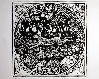 Hare Rabbit Bunny Original Linocut Nursery Art, Original Lino Block Print , Rustic Artwork, Art Nouvea, Nursery Wall, Linocut Printmaking