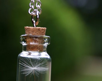 Dandelion wish necklace - Glass Vial necklace with Dandelion Seeds silver necklace, make a wish bottle, long necklace