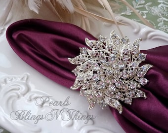 CLEARANCE Ex-large Custom Crystal Rhinestone Silver Brooch NAPKIN RINGS Holders Wedding Table Decorations Bridal Brooches