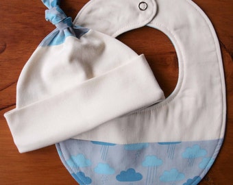 Raincloud Baby Bib and Hat Set; Newborn Baby Cap,Drool Bib Gift; Organic Cotton, Handmade New Baby Gift; Eco-Friendly Baby Gift, Cloudy Days