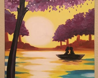 Abstract Acrylic Canvas Painting - A couple in love in a boat