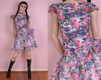 80s Floral Print Dress/ US 3-4/ 1980s/ Party/ Prom